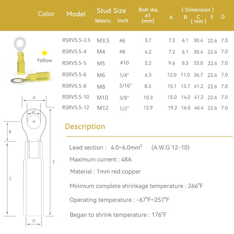 HK-S 50 PCS Ring Terminals #8 Yellow 12-10 AWG - M4 - Electrical Connectors - Heat Shrink Wire Connector Kit - Tinned Red Copper - Automotive Marine Ring Connectors - Waterproof and Insulated - Image 2